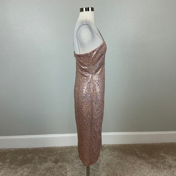 AQUA Women's Cocktail Dress Size 6 Gold Sequin One Shoulder Cut Out Midi Sheath - Picture 3 of 13